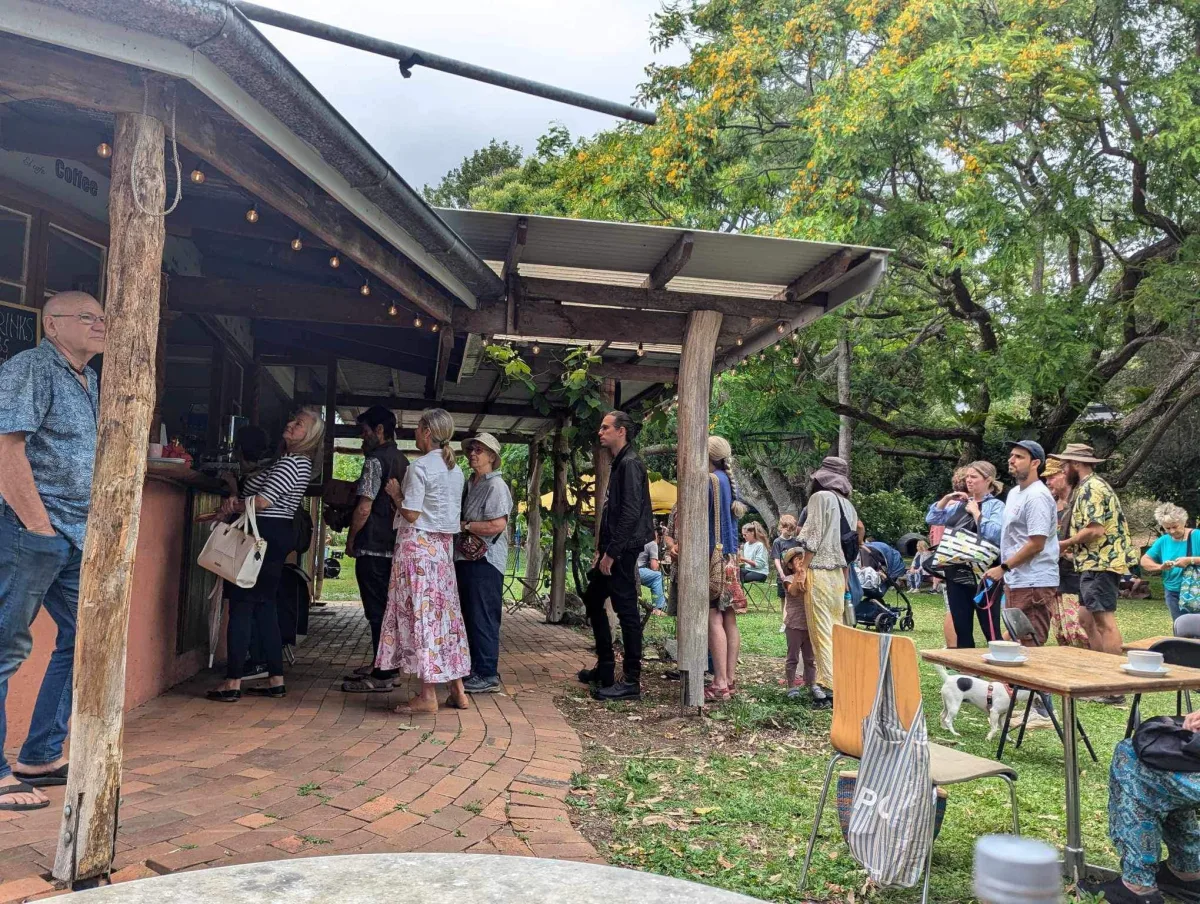 Visitors queuing at the Crystal Waters bakery