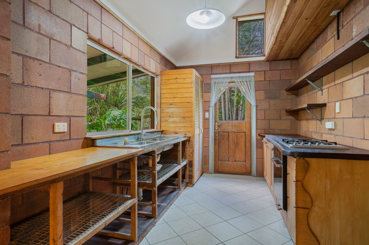 Kitchen with timber worktops and garden outlook at 35/65 Kilcoy Lane, Conondale